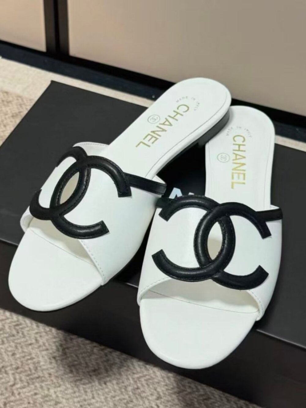 CHANEL White & Black Slide Sandals with Interlocking CC Logo
